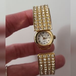 Vintage Watch Bracelet Rhinestones Gold Tone Clamper Vtg SPARKLY